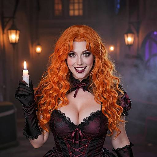 Photograph of a pale-skinned woman with long, wavy red hair, wearing a black lace corset, holding a lit candle, in a