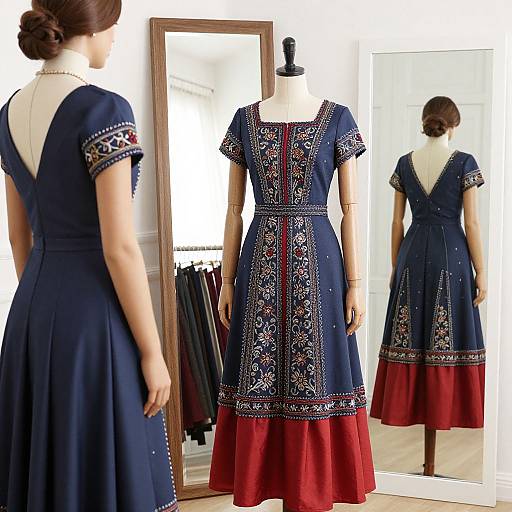 Photograph of a blue dress with intricate white and red embroidery, displayed on a mannequin in front of a mirror. The dress features short sleeves
