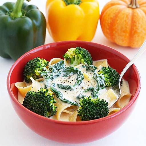 Creamy Spinach and Broccoli Pasta in Red Bowl