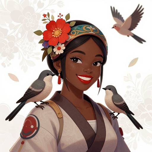 Digital illustration of a smiling dark-skinned woman with red flower headpiece, wearing traditional white kimono, surrounded by two birds.