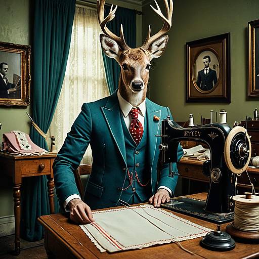 Deer Tailor Sewing in Vintage Room