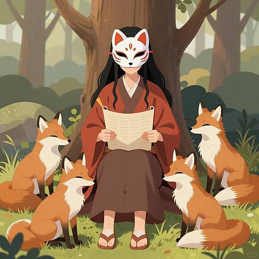 Serene Woman in Fox Mask Illustration
