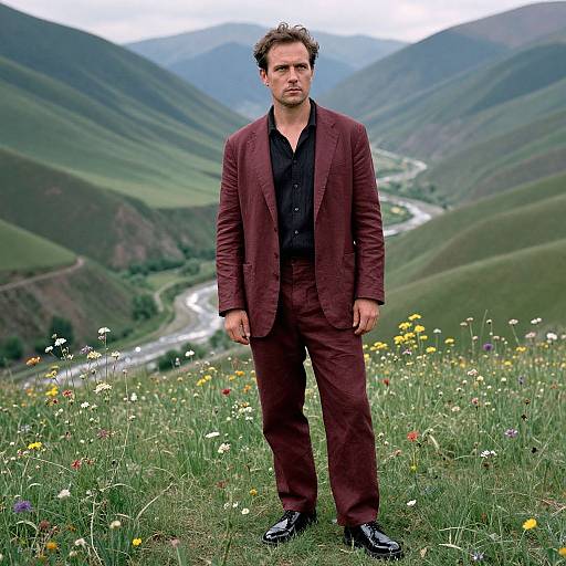 Man in Burgundy Suit Amid Lush Valleys