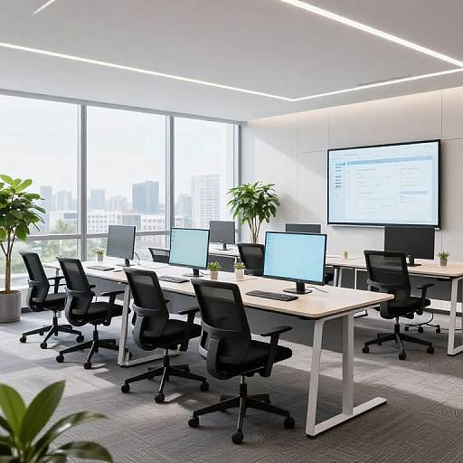 Modern office room photograph: Bright, white-walled space with large windows, black ergonomic chairs, light wood desks, multiple computer monitors, potted plants