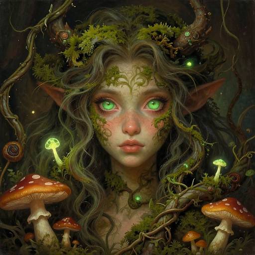 Digital fantasy portrait of a green-eyed, moss-covered fairy with long, wavy hair, pointed ears, surrounded by glowing mushrooms and forest elements.