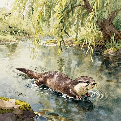 Digital painting of a wet, brown otter swimming in a tranquil, reflective pond surrounded by lush, green willow trees. Ripples form around the