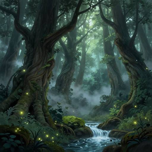 Digital fantasy forest scene with glowing fireflies, misty atmosphere, towering trees, moss-covered rocks, and a small, cascading waterfall in the center