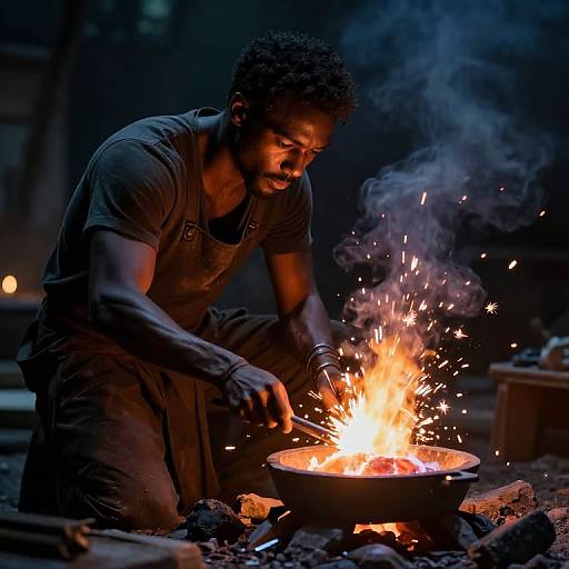 Photograph of a muscular Black man with curly hair, wearing a dark shirt and pants, kneeling by a glowing fire in a dark, rocky outdoor setting
