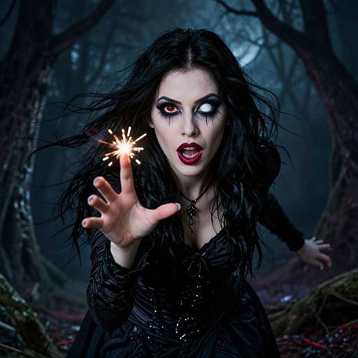 Digital artwork of a pale, dark-haired witch with red eyes and black makeup, wearing a black dress, casting a glowing spell in a dark, mist
