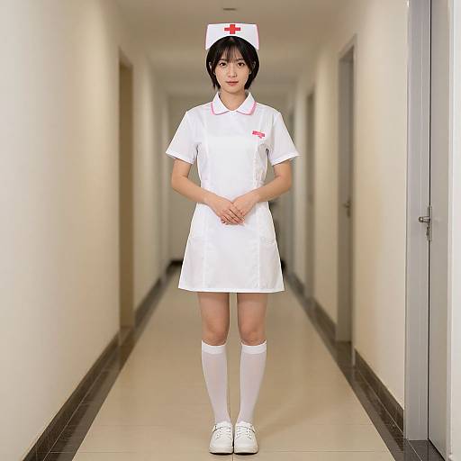 Photograph of an Asian woman in a white nurse uniform with red cross, short black hair, white hat, white knee-high socks, and white shoes