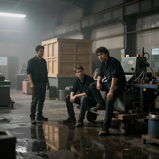 Dimly Lit Warehouse with Three Men