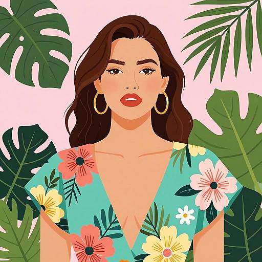 Woman in Floral Summer Dress with Tropical Leaves