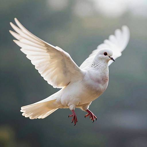 Photograph of a white dove with outstretched wings, red feet, and black beak, mid-flight against a blurred green and blue background.
