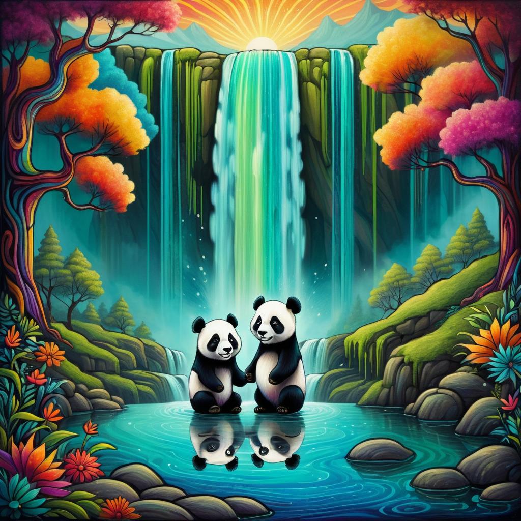 Joyful Pandas by a Colorful Waterfall