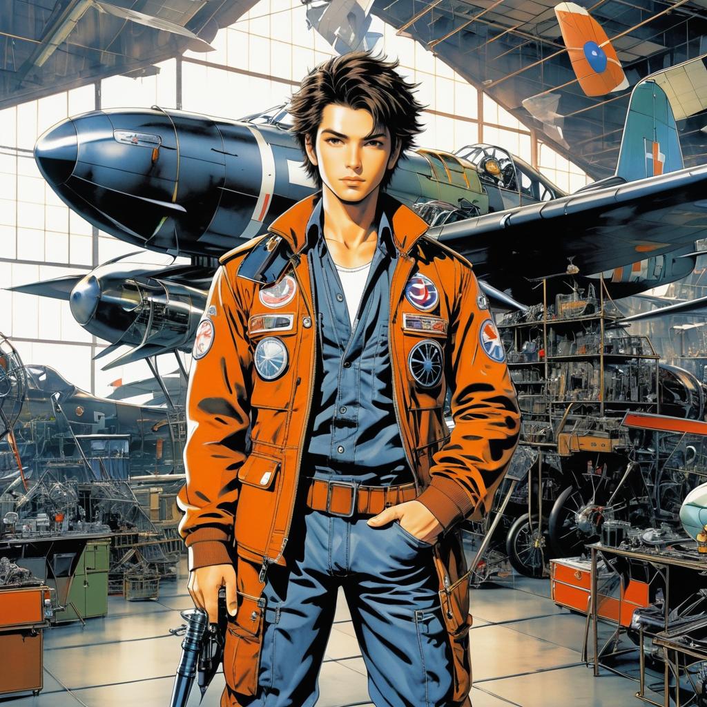 Daring Pilot in Anime-Style Hangar Scene