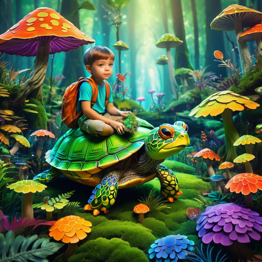 Whimsical Turtle Boy in Fungal Wonderland