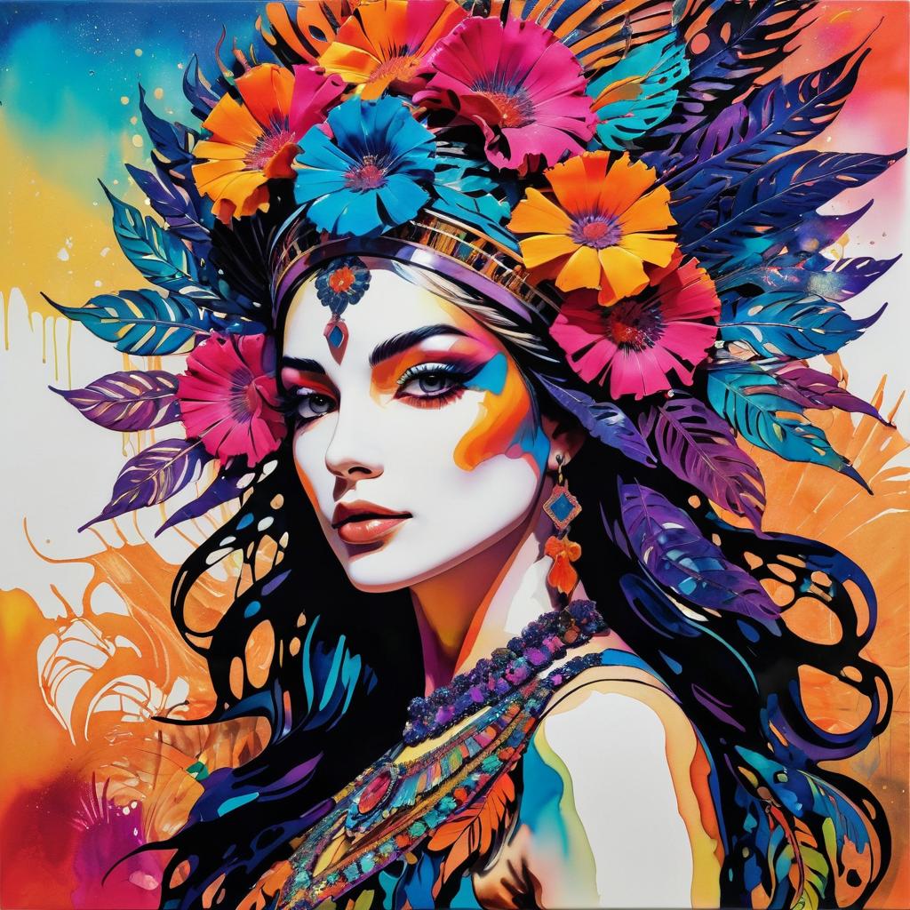 Vibrant Botanical Woman with Glittering Makeup