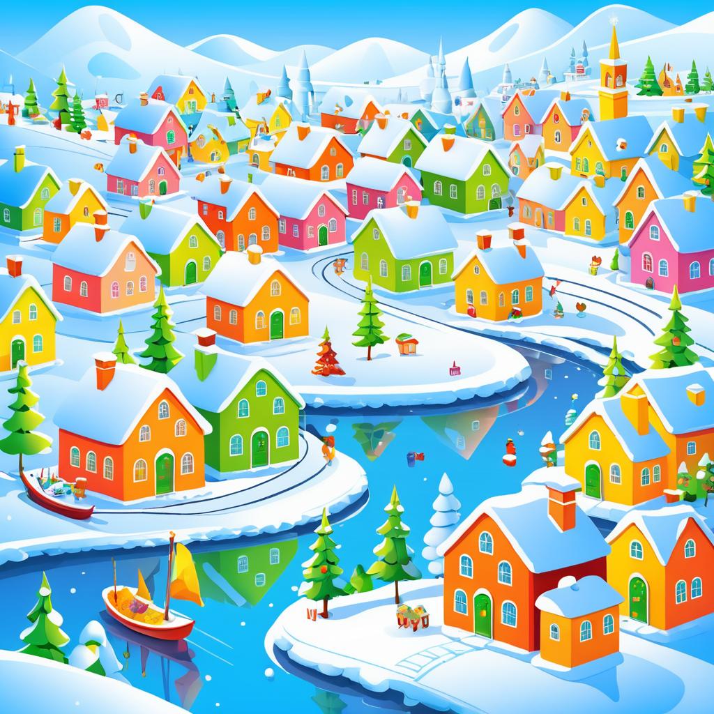 Cheerful Cartoon Snowy Village Scene