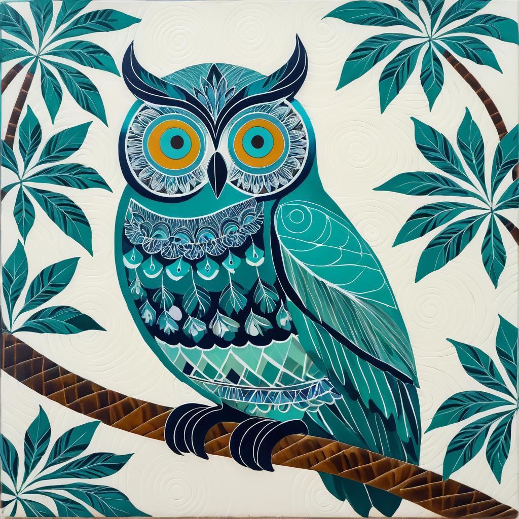 Monochrome Teal Owl in Gond Style