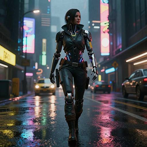 Cybernetic woman in dark leather armor walks rain-soaked neon-lit city street at night, holding gun, cars and glowing signs in background