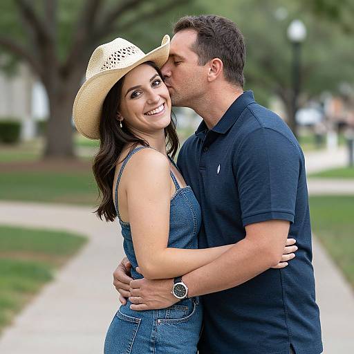 Photograph of a smiling couple in a park; she wears a white cowboy hat and denim dress, he in a navy polo, kissing her cheek,