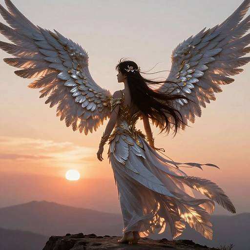 Digital painting of a silhouetted angel with large white wings, flowing white dress, and long dark hair, standing at sunset on a rocky mountain