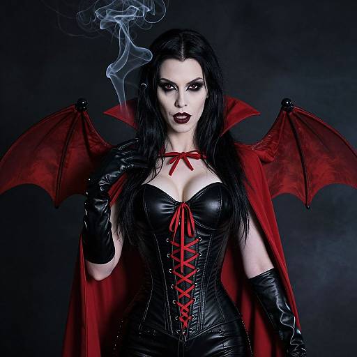 Photograph of a pale, dark-haired woman with red bat wings, black leather corset, red ribbon, and gloves, smoking, wearing a red