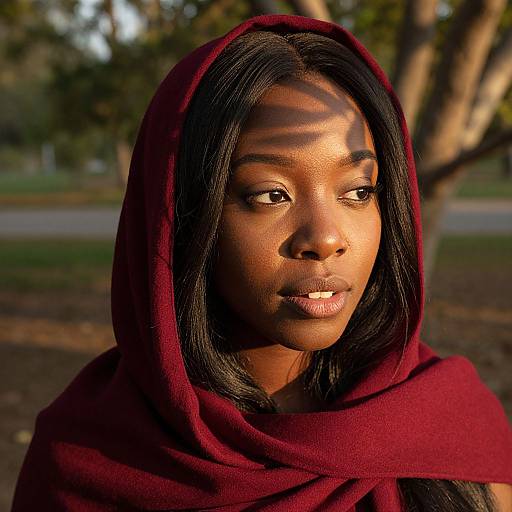 Photograph of a dark-skinned woman with long black hair, wearing a deep red hooded cloak, gazing thoughtfully outdoors with sunlight casting shadows