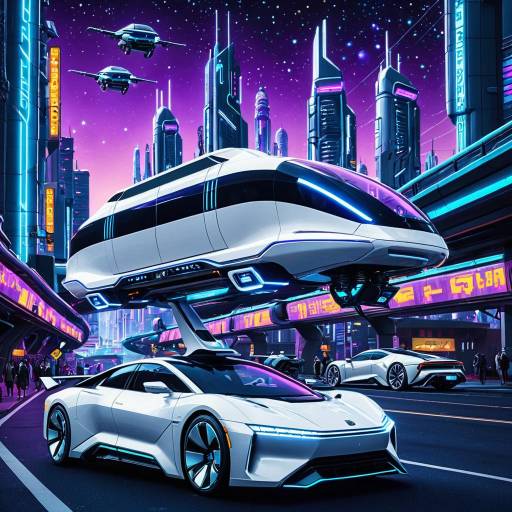 Futuristic White Hover Car and Monorail in Cyberpunk City