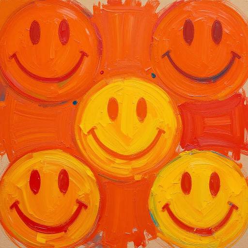Bright, vibrant painting of five colorful, orange-yellow smiley faces with simple black dot eyes and red or black curved smiles.
