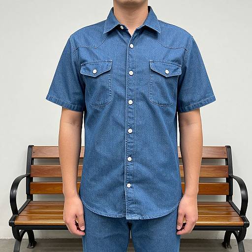 Photograph of a man wearing a blue denim short-sleeve button-up shirt and matching pants, standing in front of a wooden bench against a white