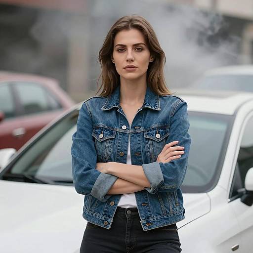 Stylish Woman with Car in Mist