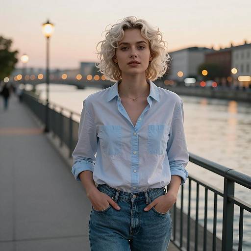 Confident Woman at Riverfront during Golden Hour