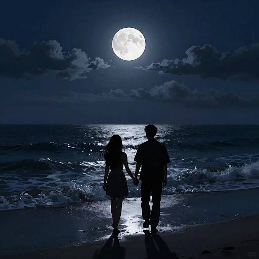 Silhouetted couple holding hands, standing on a moonlit beach with waves, under a bright full moon and cloudy night sky.