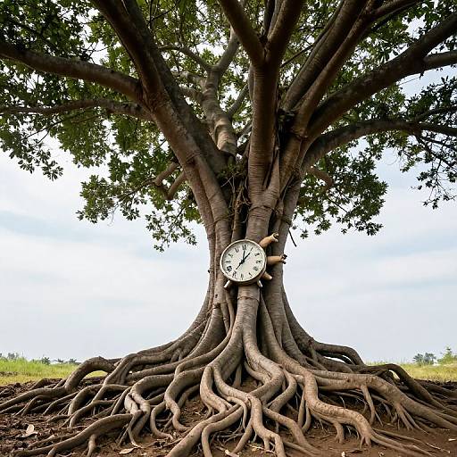 Photograph of a large, ancient tree with sprawling roots, a white clock face embedded in its trunk, set against a bright, blue sky.