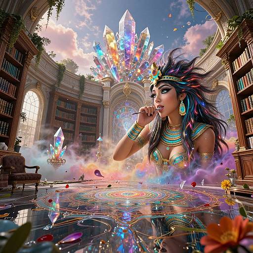 Digital artwork of an Indian woman with colorful feathers and jewelry, casting a spell in a grand, crystal-filled library.