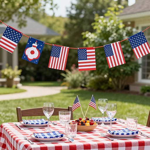 Outdoor table with red, white, and blue checkered tablecloth, American flag bunting, small flags, and glassware, set in a sunny
