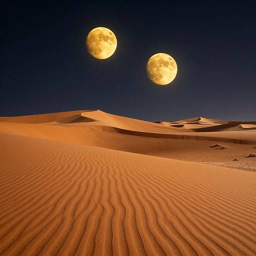 Photograph of a desert with rippled sand dunes under a dark blue night sky, illuminated by two bright, yellow-orange full moons.