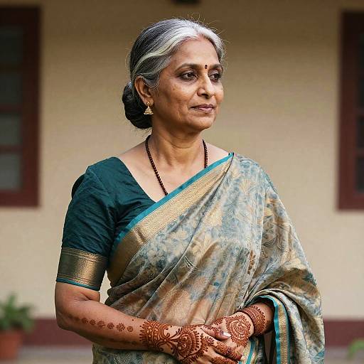 Photograph of an Indian woman with gray hair, wearing a teal and gold sari, black blouse, gold arm band, and intricate henna on