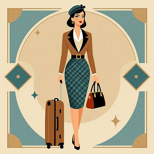 Vintage-style digital illustration of a stylish female flight attendant with black bob, beret, brown blazer, plaid skirt, holding suitcase and bag.