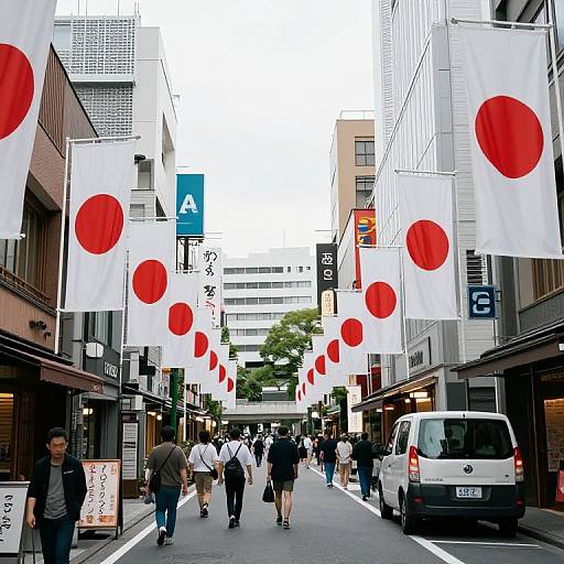 Photograph of a bustling urban street adorned with white banners featuring large red circles, pedestrians walking, and a white van parked.