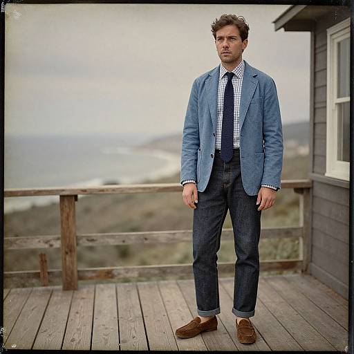 Photograph of a handsome man with short brown hair, wearing a blue blazer, checkered shirt, dark pants, and brown shoes, standing on