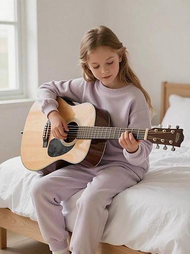 Young Girl Playing Acoustic Guitar on Bed