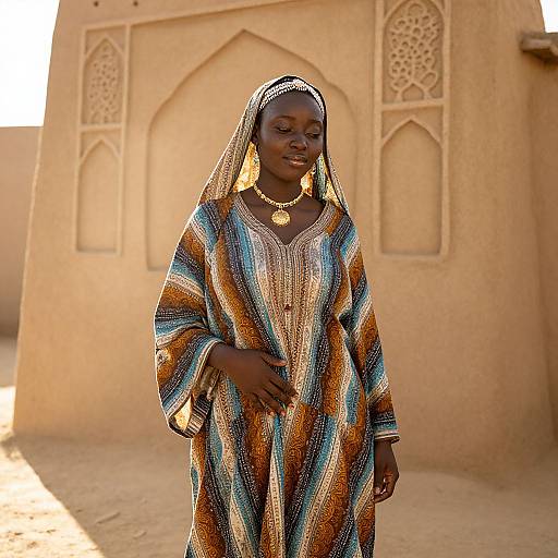 Photograph of a smiling African woman in a colorful striped dress and headscarf, standing in front of a sunlit, beige, intricately designed