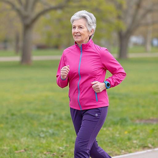 Photograph of an elderly woman with short gray hair, wearing a pink jacket and black pants, jogging in a green park with trees in the background.