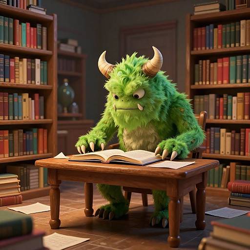 CGI image of a green, furry, horned monster with sharp teeth, reading a book at a wooden table in a dimly lit library filled