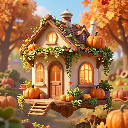 Whimsical CGI illustration of a pumpkin-adorned, fairy-tale cottage with glowing windows, surrounded by autumn leaves and pumpkins in a vibrant