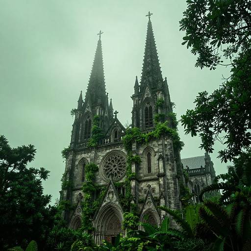 Photograph of a Gothic-style cathedral with two tall spires, overgrown with greenery, framed by leafy trees against a cloudy sky.