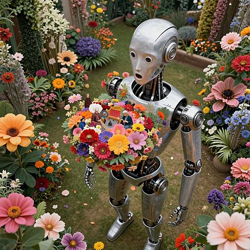 Photorealistic CGI of a silver robot holding a vibrant, multicolored flower bouquet in a lush, colorful garden filled with various flowers.