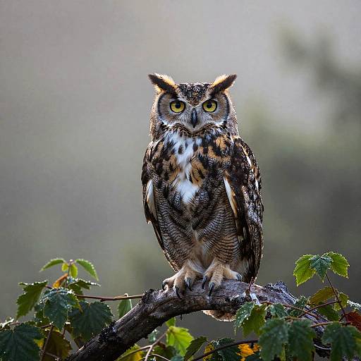 Photograph of a striking Great Horned Owl with yellow eyes, perched on a branch with green leaves, against a blurred forest background.